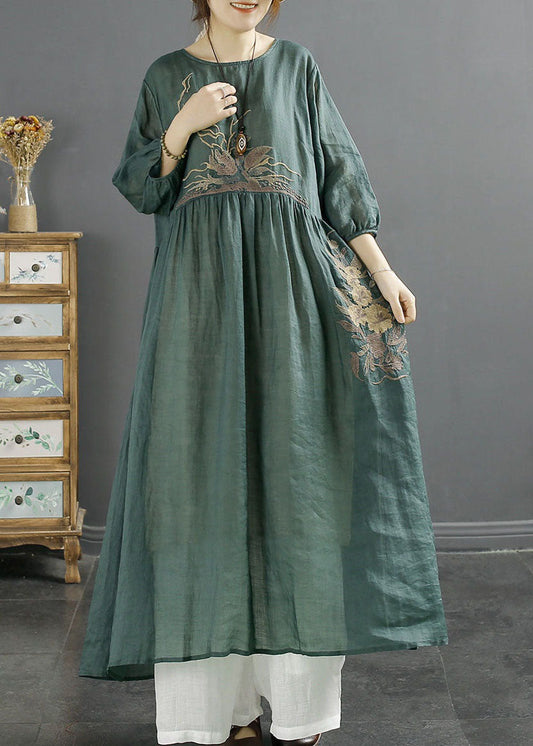 Women Green O-Neck Embroideried Patchwork Linen Long Dresses Bracelet Sleeve LY2535