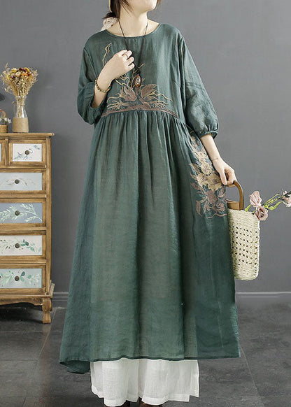 Women Green O-Neck Embroideried Patchwork Linen Long Dresses Bracelet Sleeve LY2535 - fabuloryshop