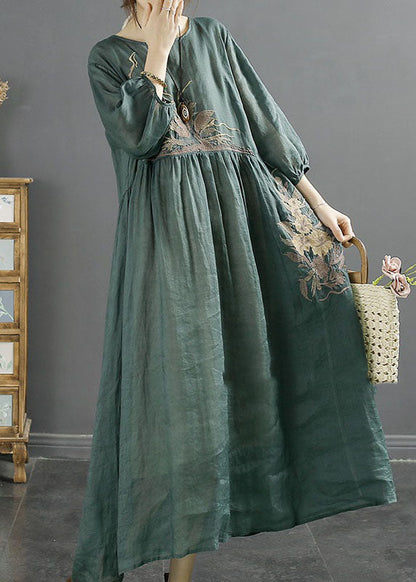 Women Green O-Neck Embroideried Patchwork Linen Long Dresses Bracelet Sleeve LY2535 - fabuloryshop