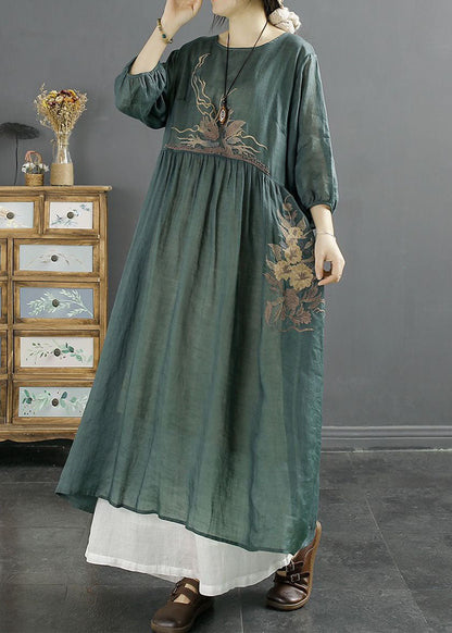 Women Green O-Neck Embroideried Patchwork Linen Long Dresses Bracelet Sleeve LY2535 - fabuloryshop