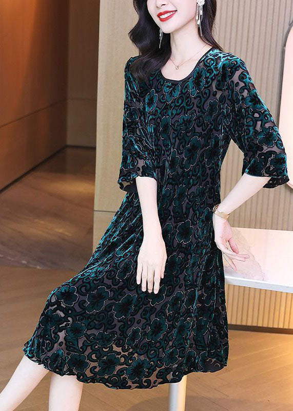 Women Green O-Neck Oversized Print Silk Velour Party Dress Half Sleeve TG1059 - fabuloryshop