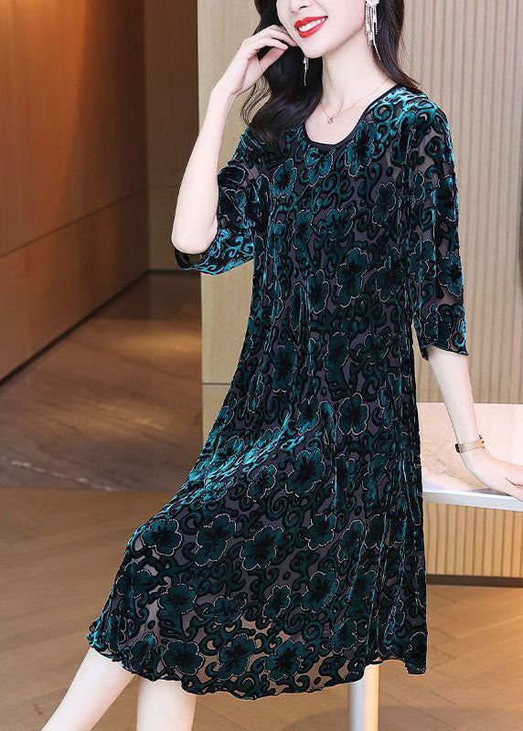 Women Green O-Neck Oversized Print Silk Velour Party Dress Half Sleeve TG1059 - fabuloryshop