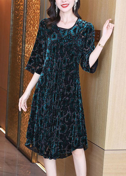 Women Green O-Neck Oversized Print Silk Velour Party Dress Half Sleeve TG1059 - fabuloryshop