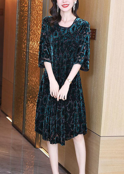 Women Green O-Neck Oversized Print Silk Velour Party Dress Half Sleeve TG1059 - fabuloryshop