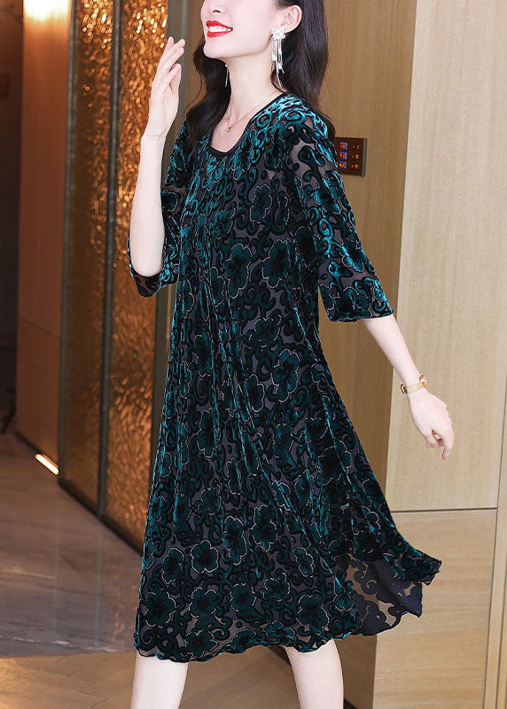 Women Green O-Neck Oversized Print Silk Velour Party Dress Half Sleeve TG1059 - fabuloryshop