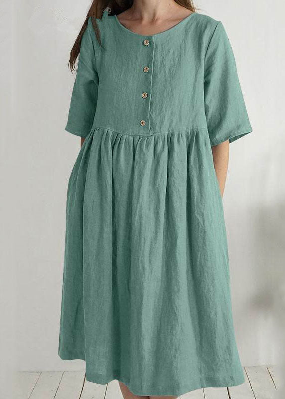 Women Green O Neck Pockets Wrinkled Patchwork Linen Dress Summer LC0464 - fabuloryshop