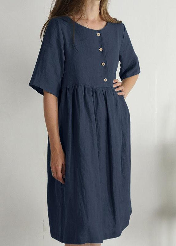 Women Green O Neck Pockets Wrinkled Patchwork Linen Dress Summer LC0464 - fabuloryshop