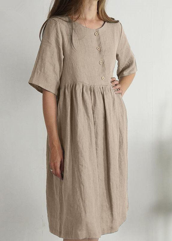 Women Green O Neck Pockets Wrinkled Patchwork Linen Dress Summer LC0464 - fabuloryshop