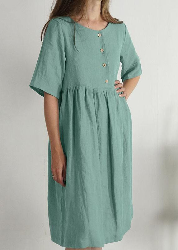 Women Green O Neck Pockets Wrinkled Patchwork Linen Dress Summer LC0464 - fabuloryshop