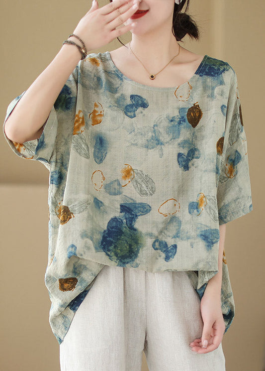 Women Green O-Neck Print Cotton Tops Summer LY2977 - fabuloryshop