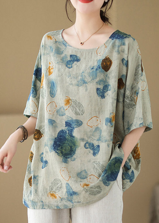 Women Green O-Neck Print Cotton Tops Summer LY2977 - fabuloryshop