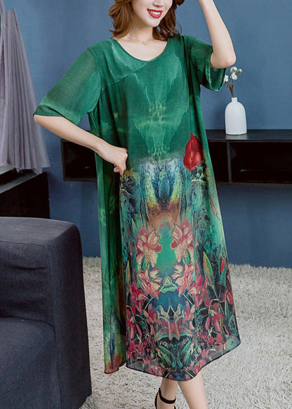 Women Green O Neck Print Patchwork Chiffon Dress Summer Ada Fashion