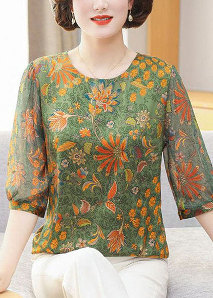 Women Green O Neck Print Patchwork Chiffon Tops Summer LY4657 - fabuloryshop