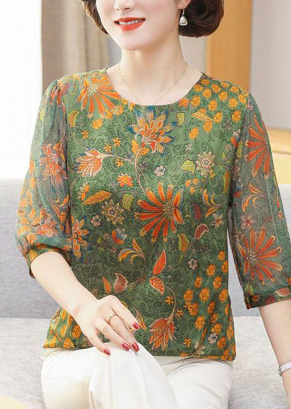 Women Green O Neck Print Patchwork Chiffon Tops Summer LY4657 - fabuloryshop