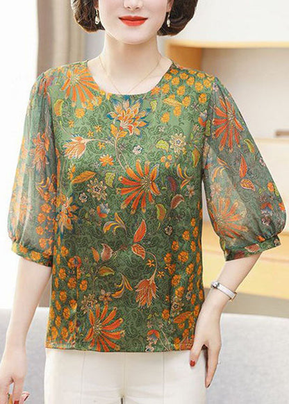 Women Green O Neck Print Patchwork Chiffon Tops Summer LY4657 - fabuloryshop