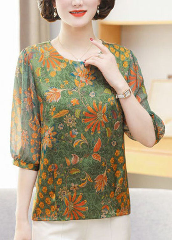 Women Green O Neck Print Patchwork Chiffon Tops Summer LY4657 - fabuloryshop