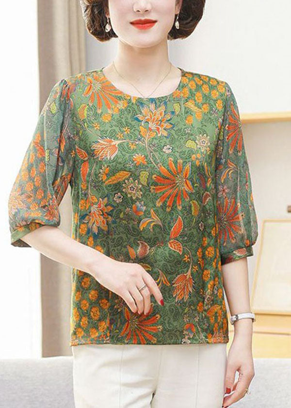 Women Green O Neck Print Patchwork Chiffon Tops Summer LY4657 - fabuloryshop