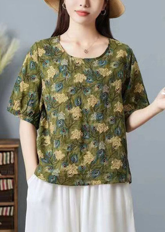 Women Green O Neck Print Patchwork Cotton T Shirt Top Summer TP1031