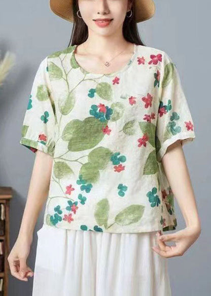 Women Green O Neck Print Patchwork Cotton T Shirt Top Summer TP1031 - fabuloryshop