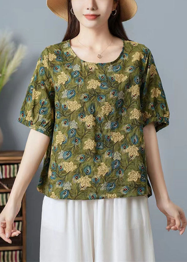 Women Green O Neck Print Patchwork Cotton T Shirt Top Summer TP1031 - fabuloryshop