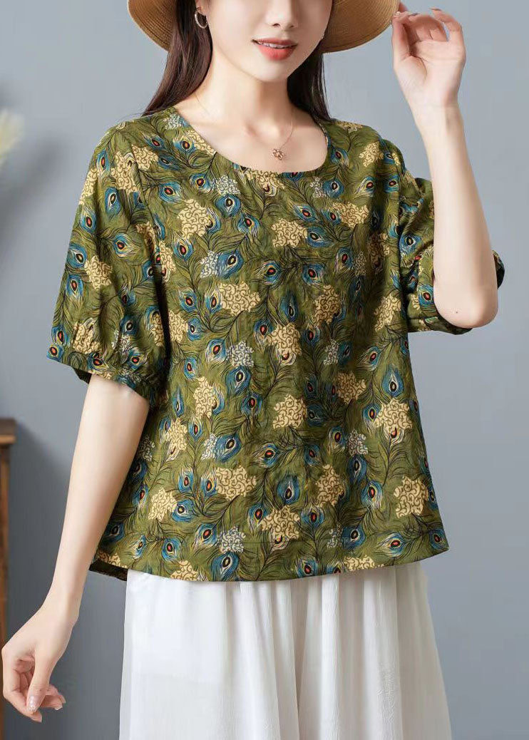 Women Green O Neck Print Patchwork Cotton T Shirt Top Summer TP1031 - fabuloryshop