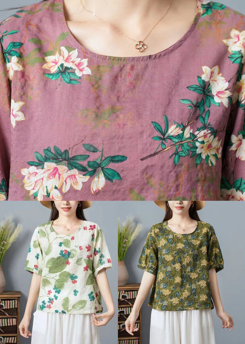 Women Green O Neck Print Patchwork Cotton T Shirt Top Summer TP1031