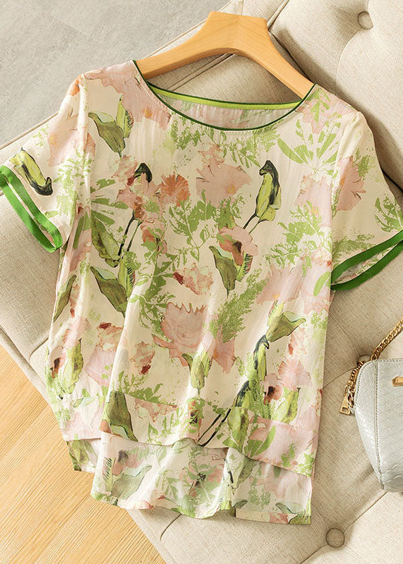 Women Green O Neck Print Silk T Shirts Short Sleeve LY0378