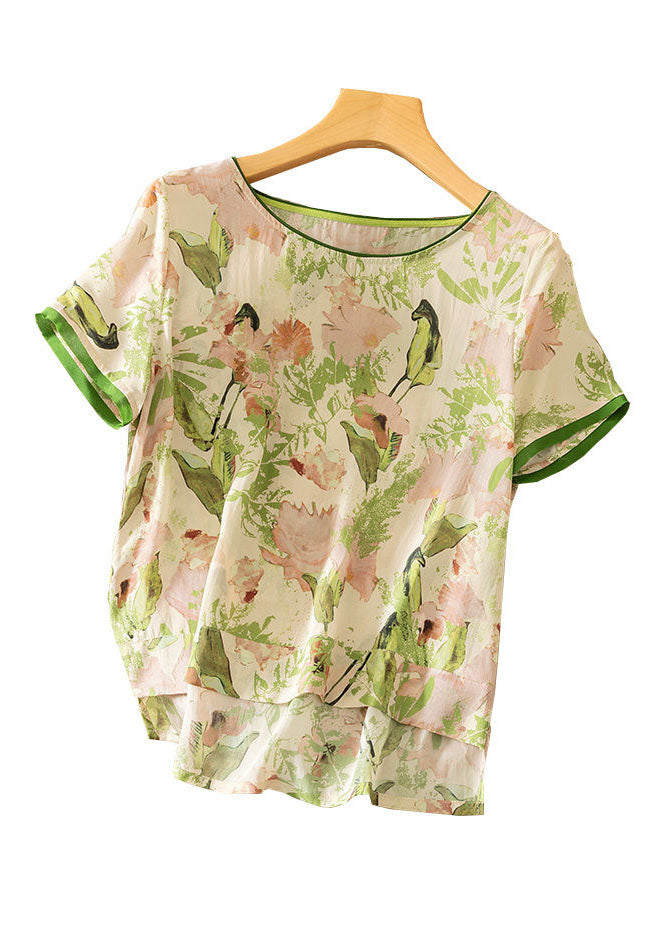 Women Green O Neck Print Silk T Shirts Short Sleeve LY0378 - fabuloryshop