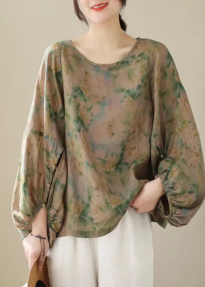 Women Green Oversized Print Cotton Blouse Top Fall Ada Fashion