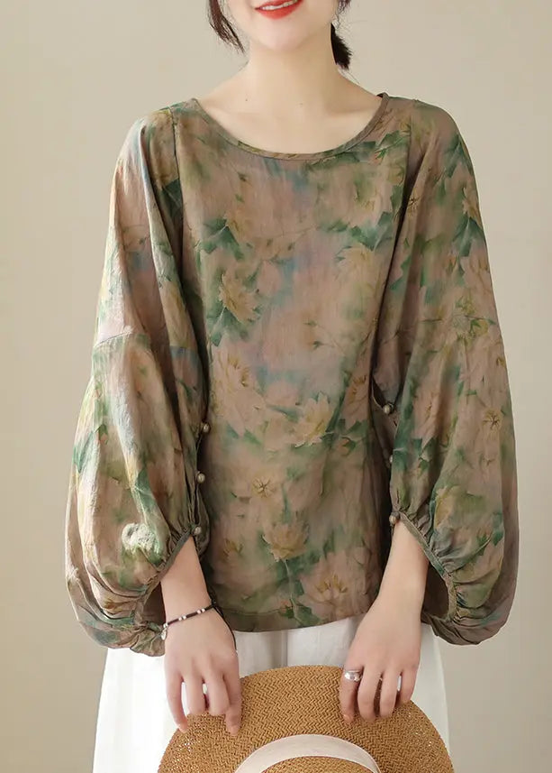 Women Green Oversized Print Cotton Blouse Top Fall Ada Fashion