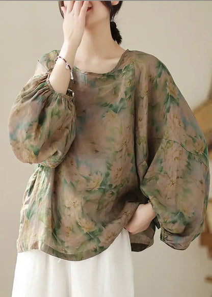 Women Green Oversized Print Cotton Blouse Top Fall Ada Fashion