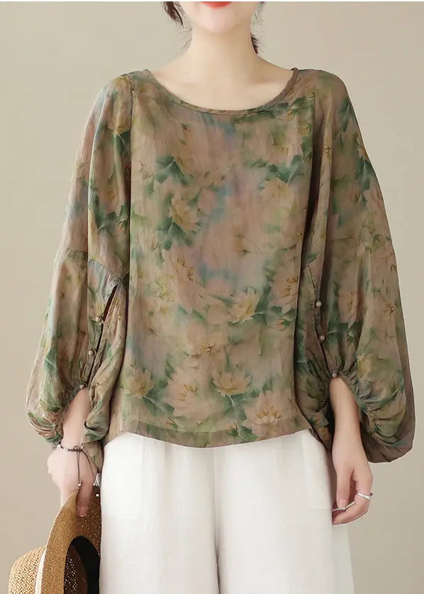 Women Green Oversized Print Cotton Blouse Top Fall Ada Fashion