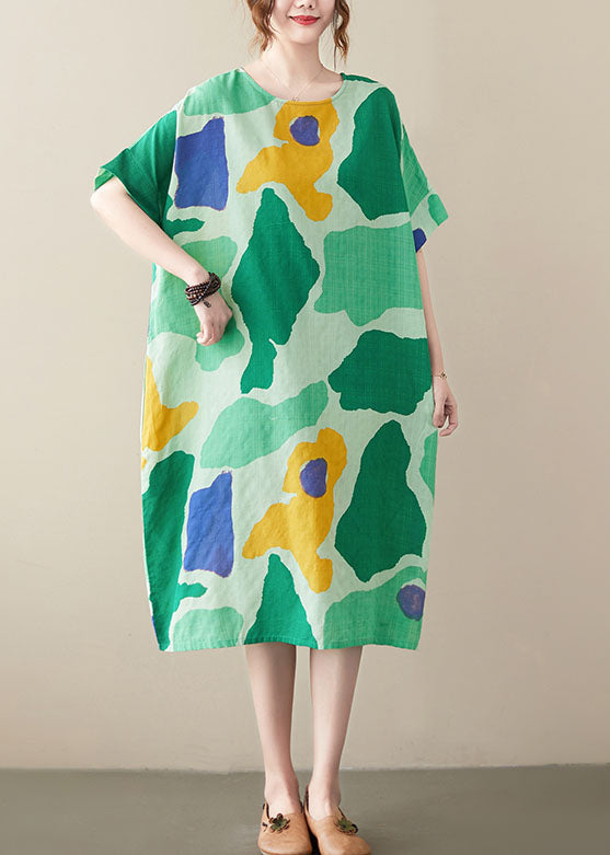 Women Green Oversized Print Cotton Vacation Dresses Summer LY0652