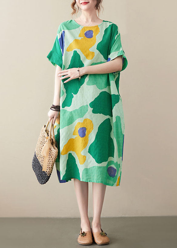 Women Green Oversized Print Cotton Vacation Dresses Summer LY0652