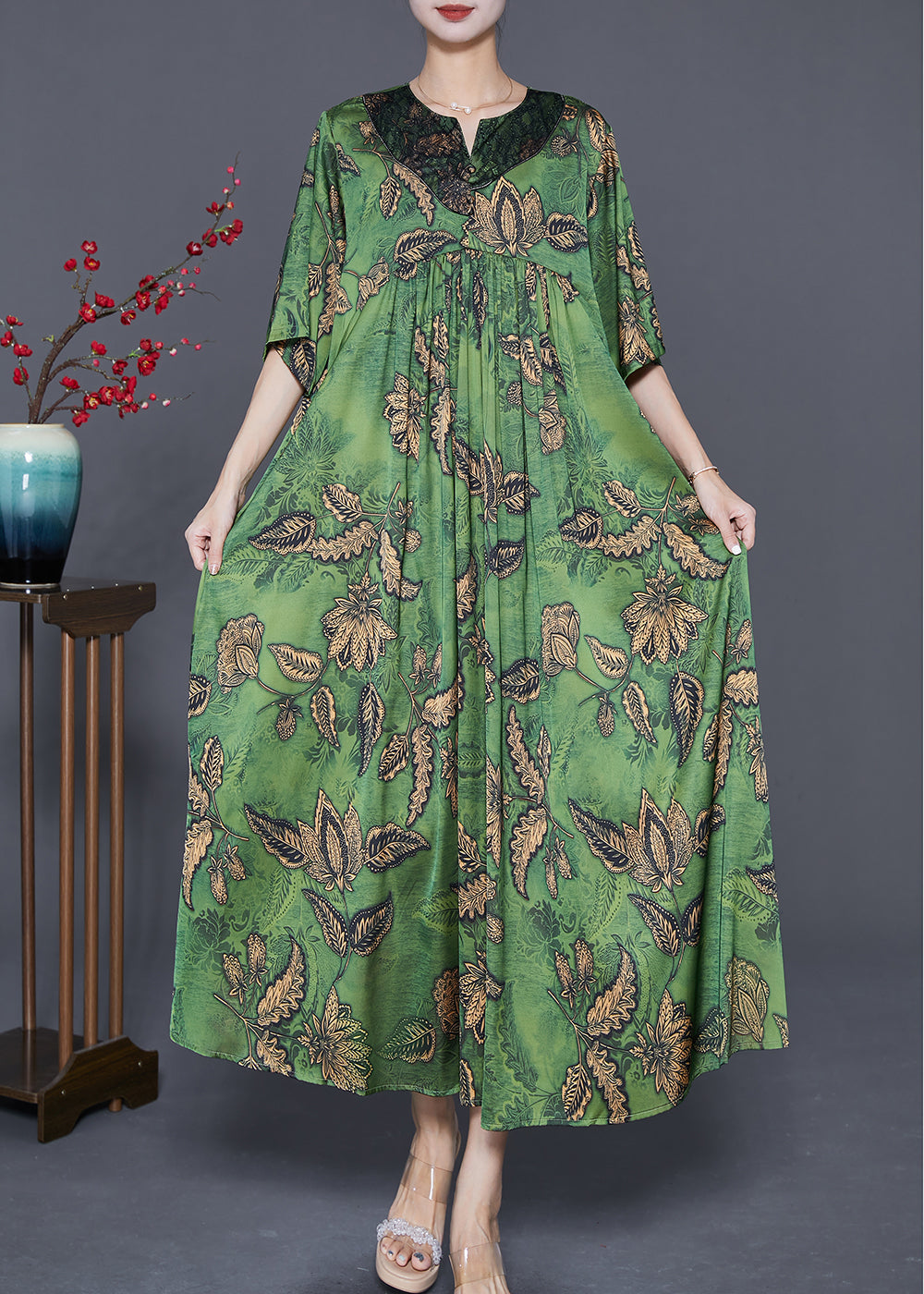 Women Green Oversized Print Exra Large Hem Silk Ankle Dress Summer Ada Fashion