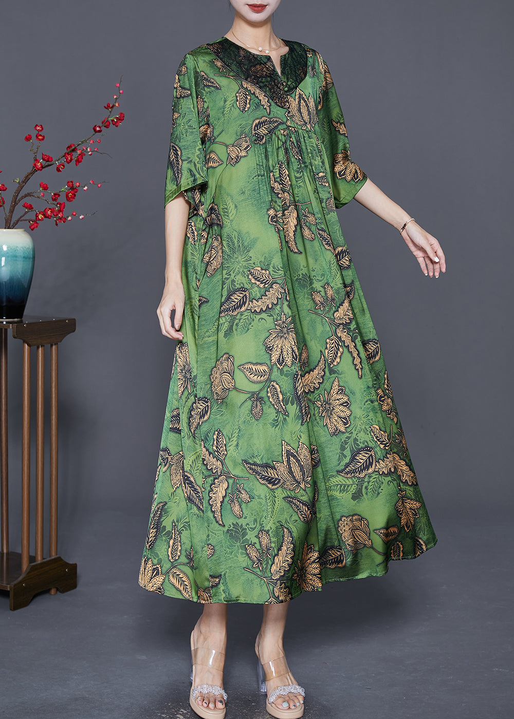 Women Green Oversized Print Exra Large Hem Silk Ankle Dress Summer Ada Fashion