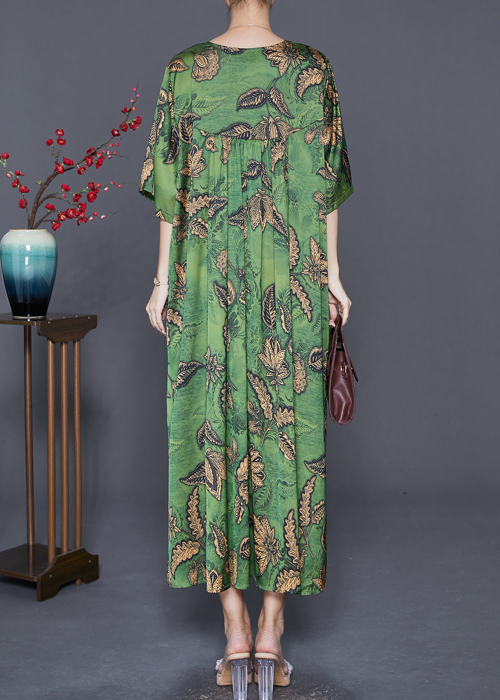 Women Green Oversized Print Exra Large Hem Silk Ankle Dress Summer Ada Fashion