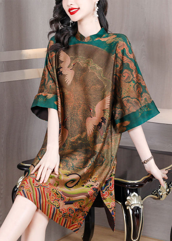 Women Green Oversized Print Silk Chinese Style Dress Half Sleeve LY3746 - fabuloryshop