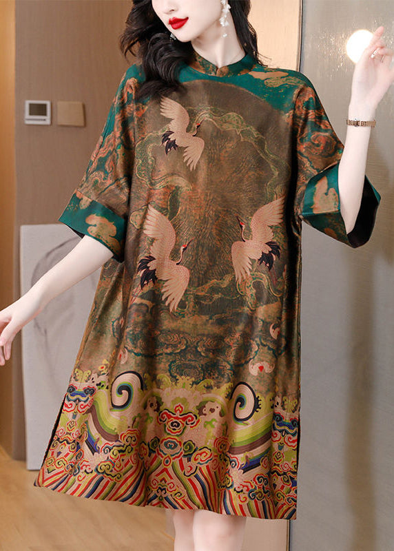 Women Green Oversized Print Silk Chinese Style Dress Half Sleeve LY3746 - fabuloryshop