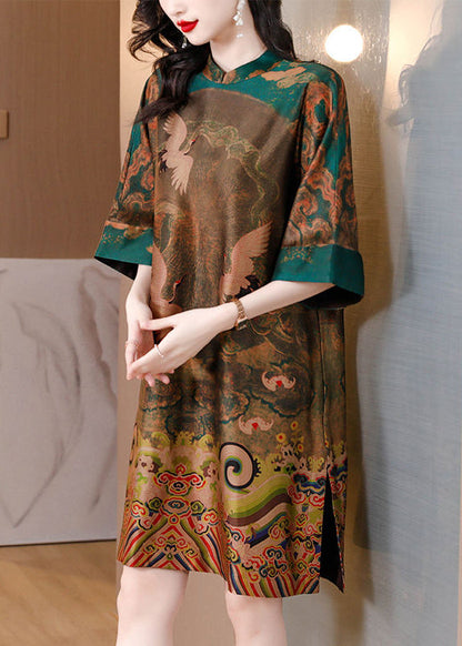 Women Green Oversized Print Silk Chinese Style Dress Half Sleeve LY3746 - fabuloryshop