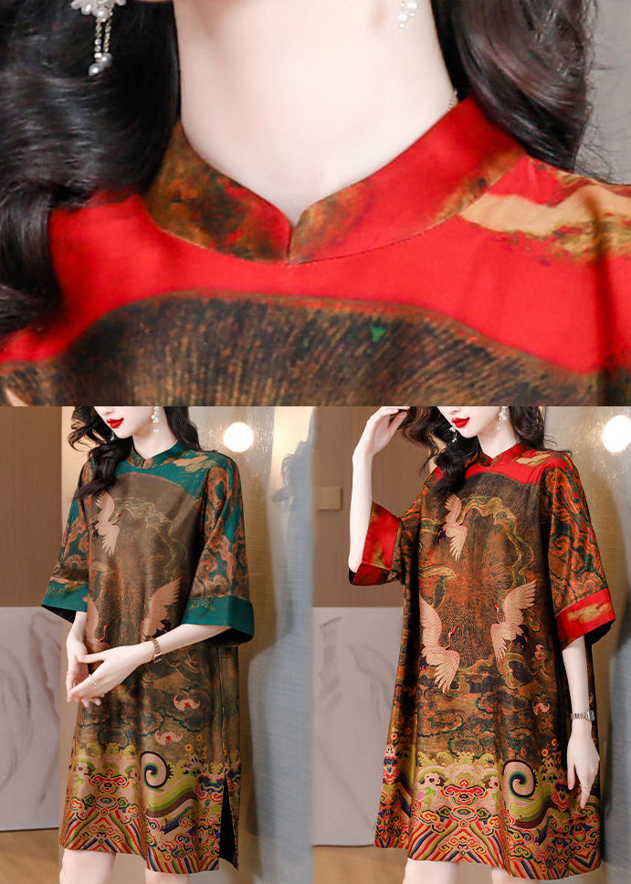 Women Green Oversized Print Silk Chinese Style Dress Half Sleeve LY3746 - fabuloryshop