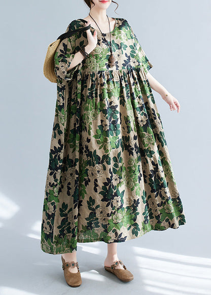 Women Green Patchwork Print Cotton Maxi Dress Short Sleeve Ada Fashion