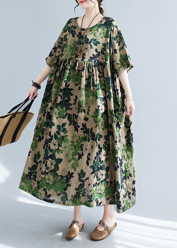 Women Green Patchwork Print Cotton Maxi Dress Short Sleeve Ada Fashion