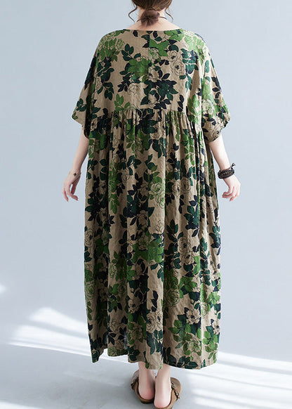 Women Green Patchwork Print Cotton Maxi Dress Short Sleeve Ada Fashion