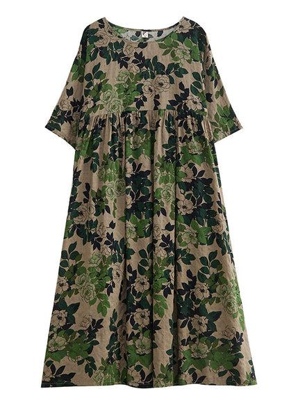 Women Green Patchwork Print Cotton Maxi Dress Short Sleeve Ada Fashion