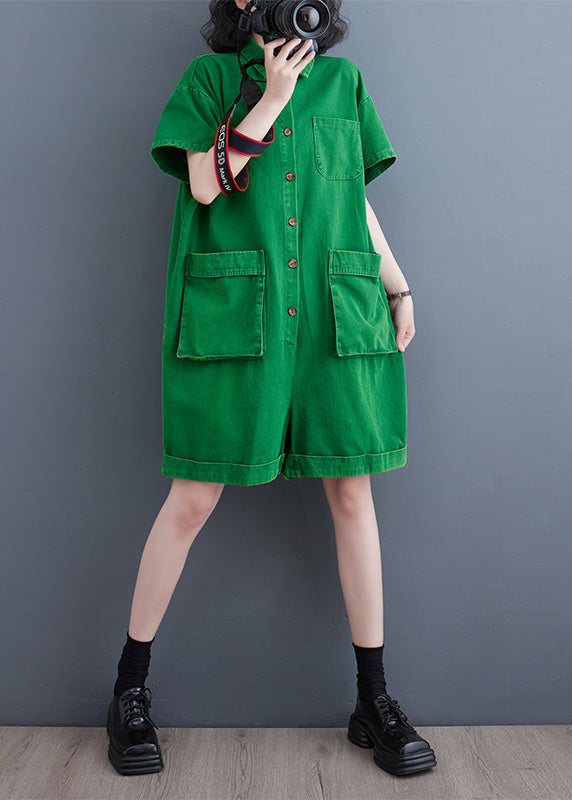 Women Green Peter Pan Collar Button Solid Denim Jumpsuit Summer LY5208 - fabuloryshop