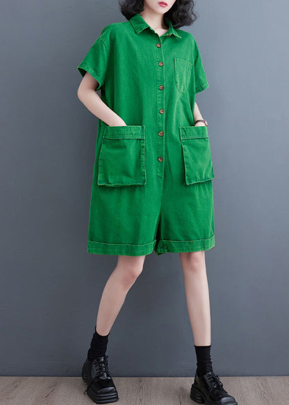 Women Green Peter Pan Collar Button Solid Denim Jumpsuit Summer LY5208 - fabuloryshop