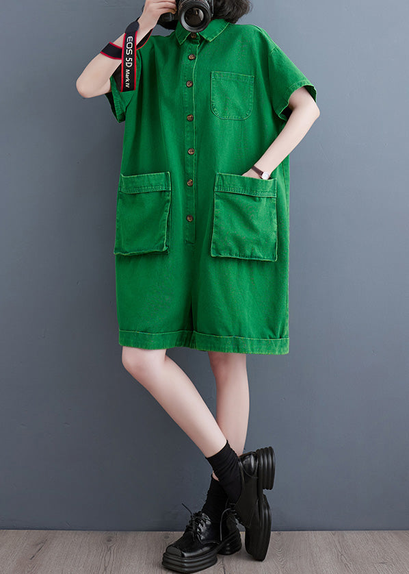 Women Green Peter Pan Collar Button Solid Denim Jumpsuit Summer LY5208 - fabuloryshop