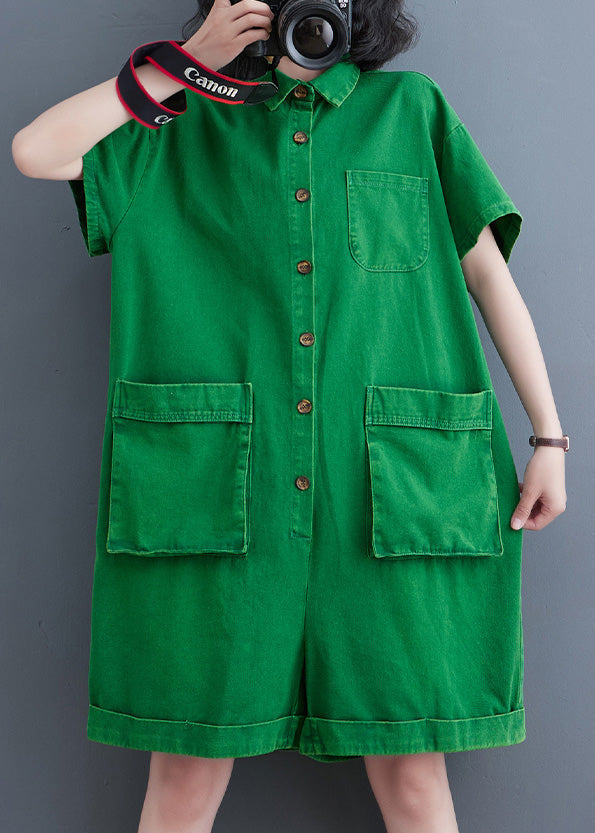 Women Green Peter Pan Collar Button Solid Denim Jumpsuit Summer LY5208 - fabuloryshop