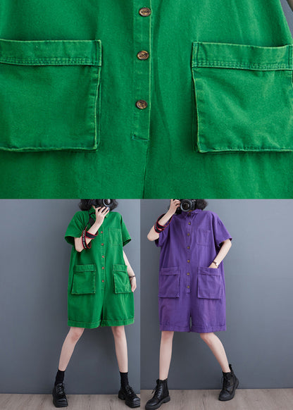 Women Green Peter Pan Collar Button Solid Denim Jumpsuit Summer LY5208 - fabuloryshop